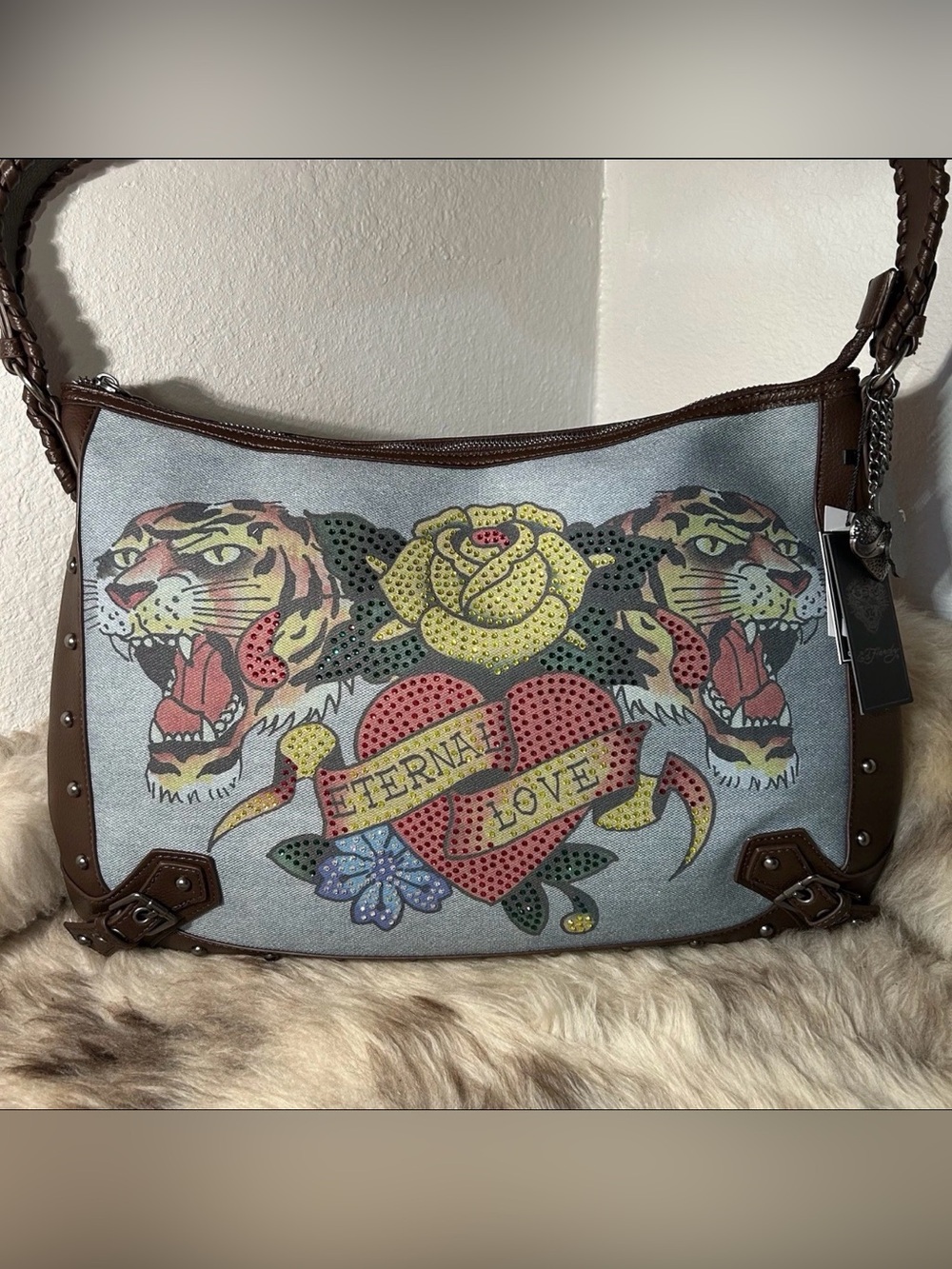 Ed Hardy Blue Canvas Shoulder Bag with Multicolor Embellished